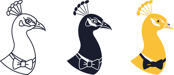 Three elegant peacock heads are displayed in a row, showcasing different styles from a simple outline to a solid silhouette and a vibrant yellow design, all adorned with bow ties.