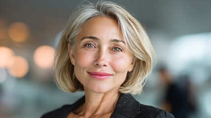 Obraz premium successful smart beautiful middle-aged businesswoman smiling at the camera, 45 years young, executive at work, 16:9