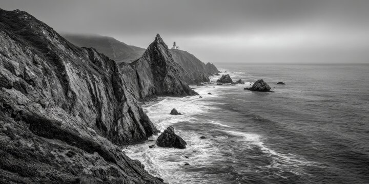 Black and White Coastal Cliffs with Lighthouse on Rocky Shoreline