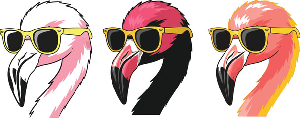 Three cool flamingos wearing yellow sunglasses stand out, showcasing vibrant pink, red, and black hues, perfect for summer designs and tropical themes with a touch of whimsical fun.