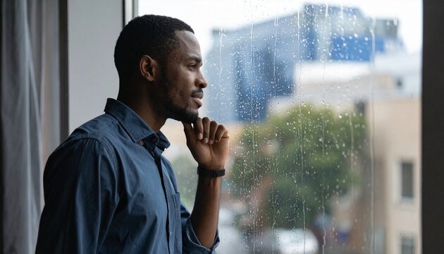 A thoughtful African-American man gazes out of a window, contemplating the city view.