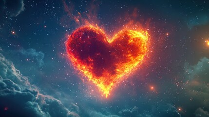 Fiery heart in cosmic night sky abstract passion and energy design