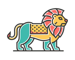 A majestic lion with ornate patterns is standing proudly displaying its