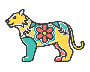 A decorative tiger with floral patterns is standing gracefully showcasing its