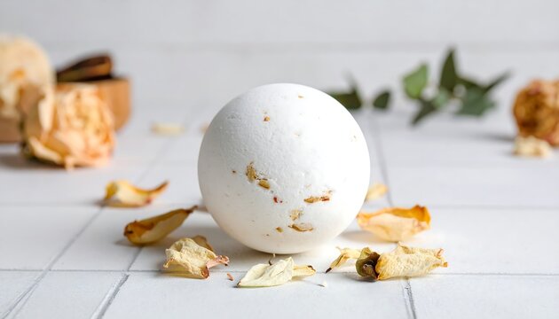 White bath bomb surrounded by rose petals (1)