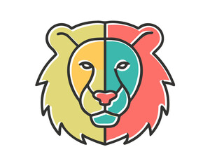 A vibrant and colorful lion head illustration features a split design with