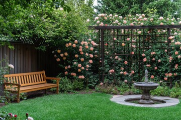 In a tranquil backyard, a wooden bench invites relaxation amidst climbing roses and a charming small fountain. Lush greenery enhances the peaceful atmosphere