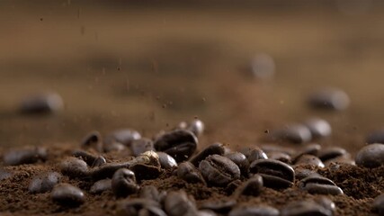 Close-Up View of Coffee Beans Falling in Slow-Motion, Captured at 800 fps in wide macro - Powered by Adobe