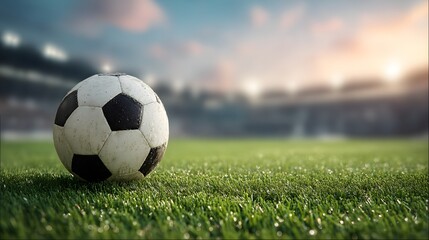 Fototapeta premium Close-Up of Soccer Ball on Grass Field with Blurred Stadium Background