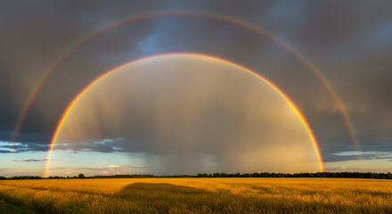 Double Rainbow Over Wheat Field at Sunset high quality