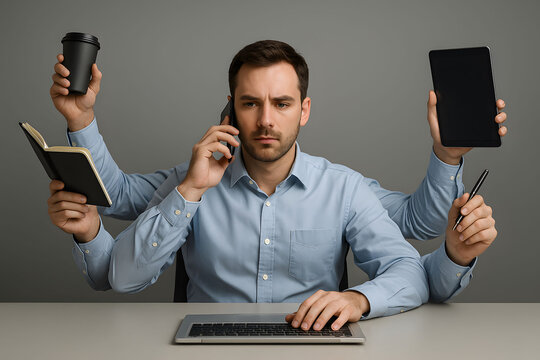 A man with six arms juggles tasks like coffee, laptop, phone and notes. Visual metaphor of work overload and productivity pressure