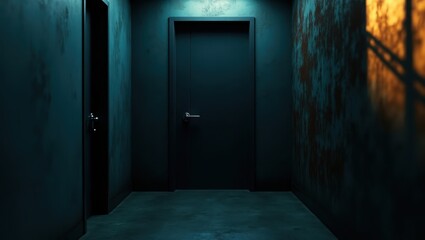 Dark hallway with closed doors and weathered walls.