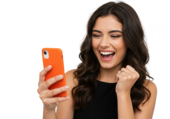 Excited woman looking at phone with orange case isolated on transparent background