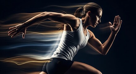 Athletic woman running with streaking light trails motion blur