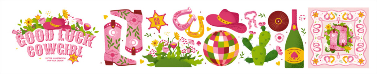 Good Luck Cowgirl! Vector illustration with cowgirl elements in country style. Hat, boots, horseshoe, cactus, disco ball and flowers for western poster, card, girly or fun icons. Trendy art.
