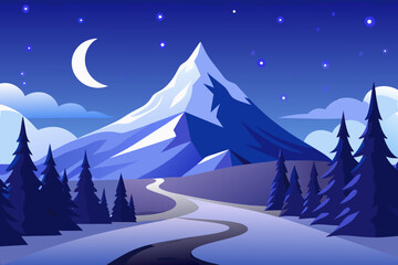 Fototapeta premium Snowy Winter Night Landscape with Moon, Mountains, and Pine Trees - Vector Illustration
