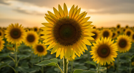 Obraz premium Field of Sunflowers at Sunset - Golden Hour in Nature high quality