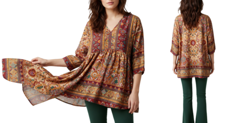 A woman's patterned tunic with a flowing design.