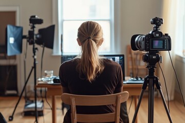 Content creator recording video blog at home studio