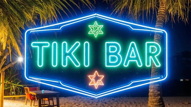Neon tiki bar sign illuminating tropical beach at night.