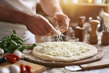 Chef sprinkling mozzarella on pizza dough