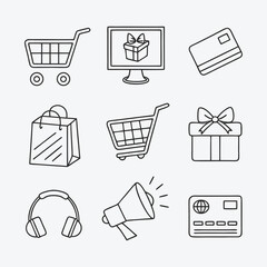 Doodle icons for online shopping and e commerce isolated on white background