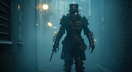 Fototapeta premium Steampunk undead figure standing in a foggy dark alley with a dagger