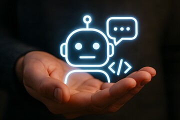 Ai chatbot development concept on hand with code and speech bubble for digital assistance tech