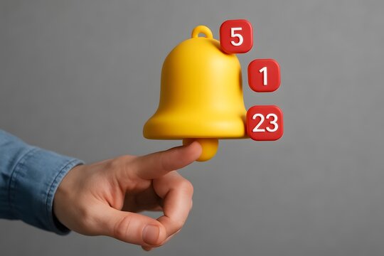 Yellow notification bell with red alert boxes on finger for social media marketing concept design