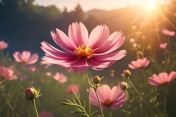 Obraz premium Vibrant Cosmic Flowers Bathed In Golden Light, Capturing The Gentle Beauty Of Nature.