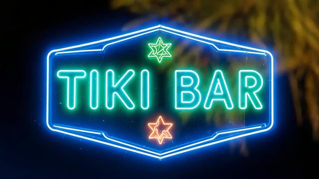 Neon sign at tiki bar on beach with palm trees and cozy seating during nighttime.