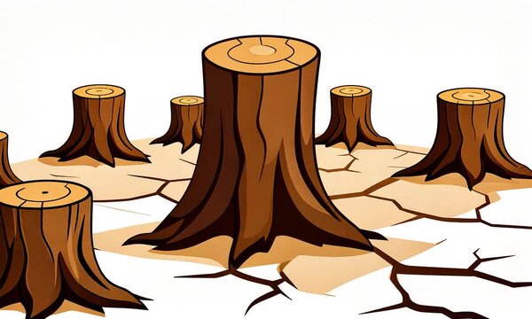 Deforestation graphic illustration of tree stumps and dry land