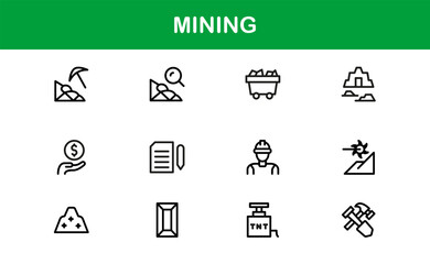 Mining Operations Modern Line Icon Pack – Professional Minimal Collection of Excavation Machinery Pickaxe Helmet Conveyor Ore Cart Symbols for Marketplaces
