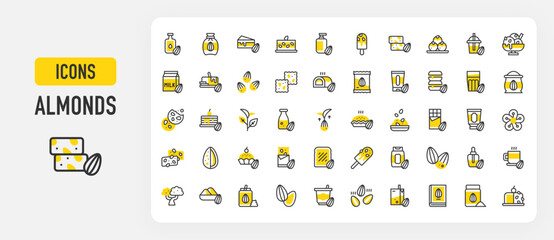 Almonds icons. Seed Bag, Protein Bar, Roasted, Oil, Nougat, Essence, Flour, Granola, Marzipan, Yogurt, Barfi, Almond Milk, Cake, Grow, Butter, Snack, Flower vector stroke illustration.	