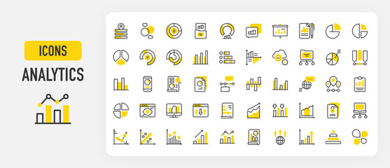 Analytics icons. Files, Growth, Timeline, Cloud, Pie Chart, Arrows, Analytics, File, Global, Pyramid, Petals, User, Diagram, Folder, Chat, Presentation vector stroke illustration.	
