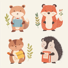 Fototapeta premium Group of woodland animals including bear, squirrel, fox and hedgehog holding books and notebooks, with soft naive cartoon look, perfect for educational printables, nursery wall art and kids packaging
