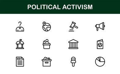 Political Activism Line Icon Collection – Unique, professional, and outline-style graphics representing activism, revolution, equality, and public demonstration elements