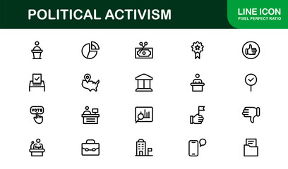 Political Activism Line Icon Collection – Unique, professional, and outline-style graphics representing activism, revolution, equality, and public demonstration elements