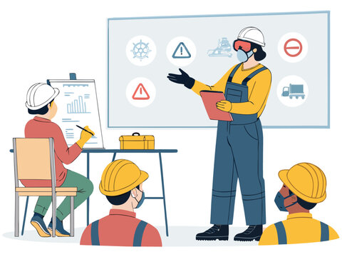 Cartoon vector illustration of a woman worker in uniform with a drill and tools at the office