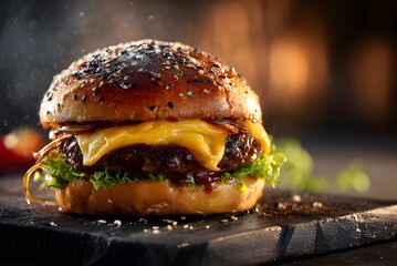 Savor the ultimate juicy burger experience with melted cheese, fresh lettuce, and a toasted sesame seed bun, perfect for food lovers and restaurants.