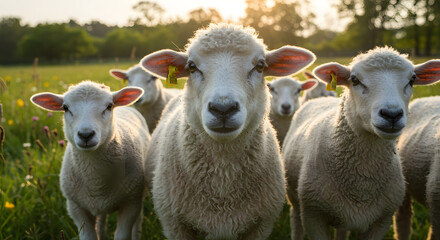 Obraz premium Flock of Sheep Grazing in a Meadow at Sunset high quality