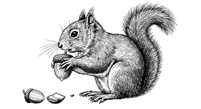 Vintage ink sketch of squirrel holding nut side view, hand-drawn black and white illustration, vector engraving or woodcut

