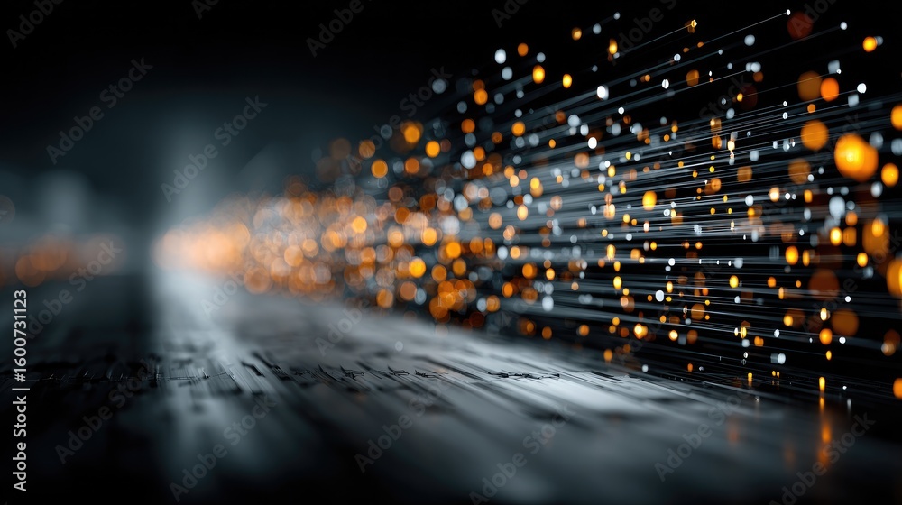 Fototapete Abstract digital data flow with glowing orange dots on a black background, representing fast information transfer and modern technology connections.