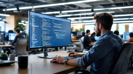 A Developer coding on a monitor, with the screen displaying complex software. Represents technology, programming, and innovation. Perfect for web development, cybersecurity, and IT concepts.	