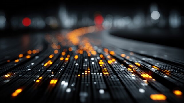 Abstract view of a digital data stream with glowing orange lights in a futuristic setting, symbolizing high-speed information transfer.