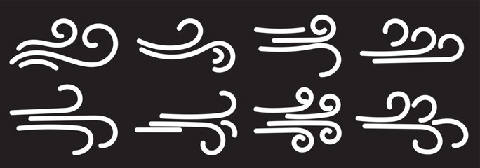 Doodle wind line sketch set. Hand drawn doodle wind motion, air blow, swirl elements. Sketch drawn air blow motion, smoke flow art, abstract line. Isolated on white background . vector illustration. 