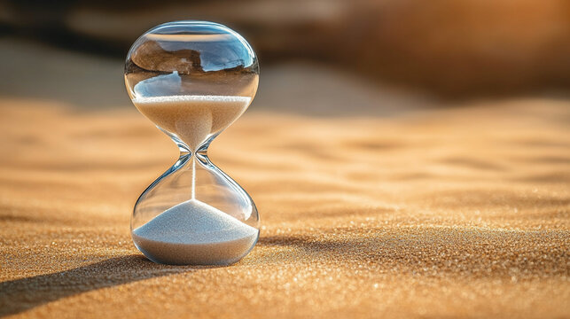 Hourglass in desert with flowing sand at sunset