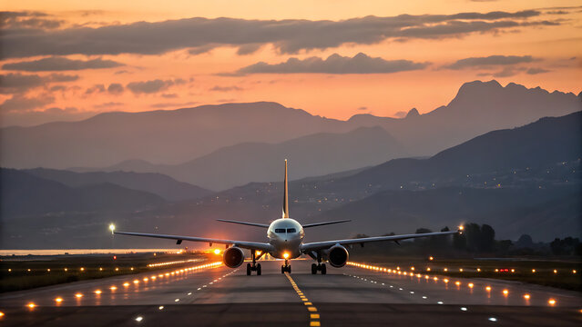 Commercial airplane approaching a runway at sunset with dramatic clouds and mountain backdrop