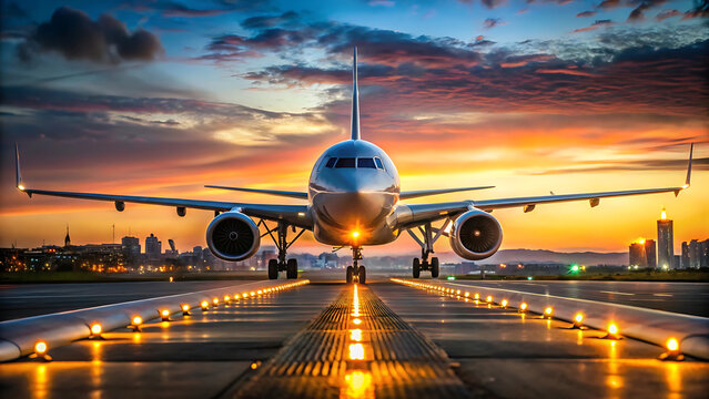 Commercial airplane on runway at sunset with dramatic sky and illuminated runway lights