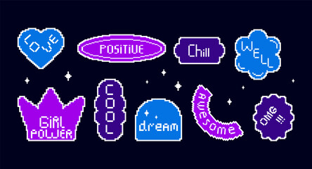 Retro pixel sticker pack with trendy words. Fun 8bit purple badges, Y2K slang in abstract shapes.